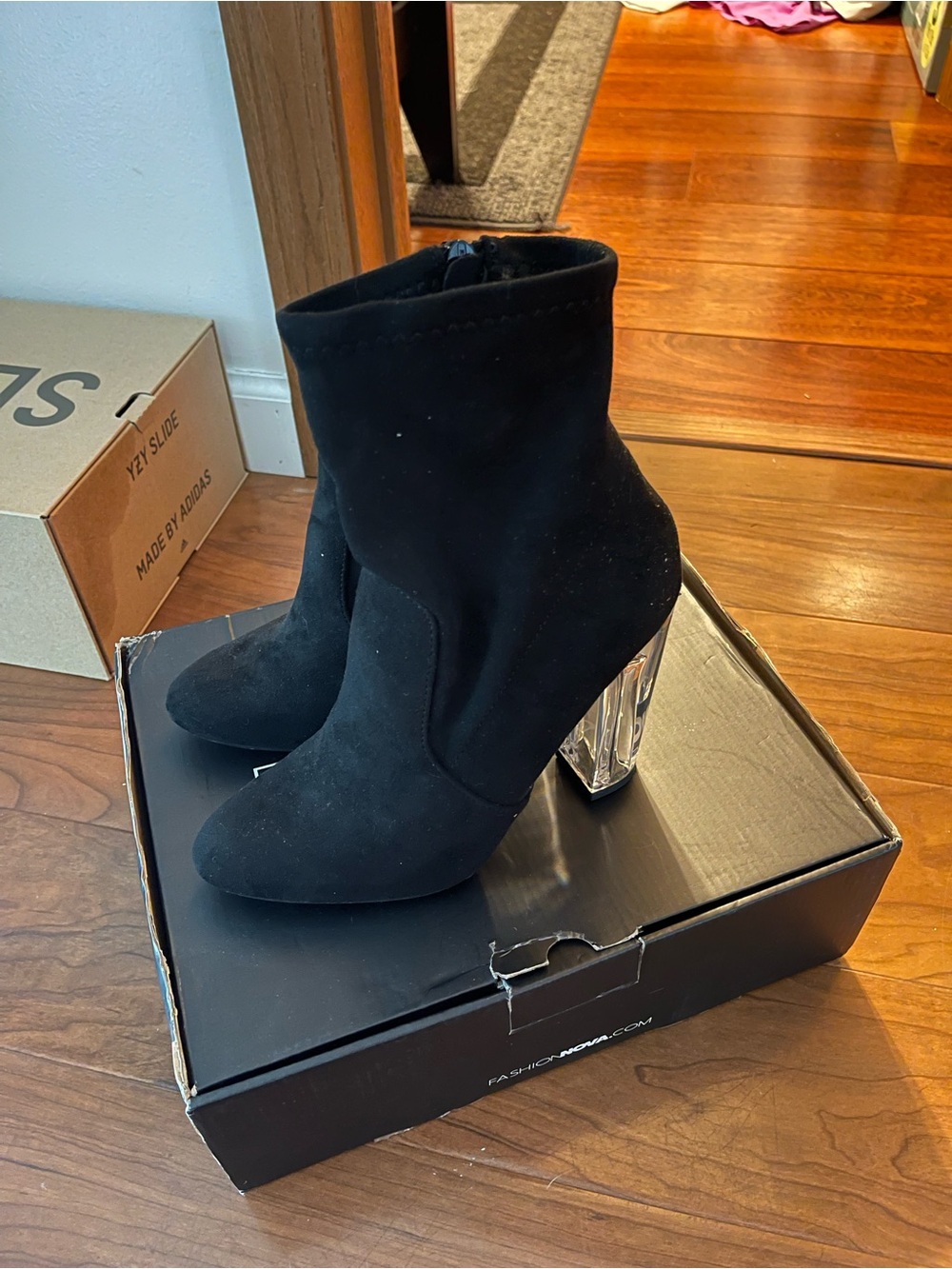 Fashion Nova Black Suede Ankle Booties with Clear Geometric Heel